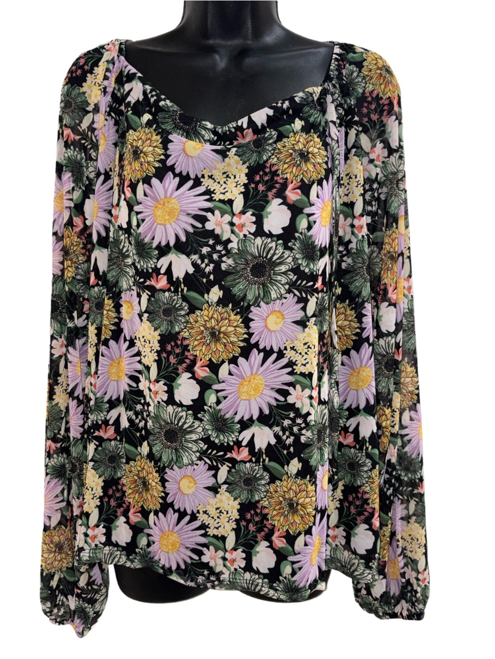 Floral Long-Sleeve Peasant Blouse - Black with Lilac & Yellow Flowers⭐️NWT⭐️